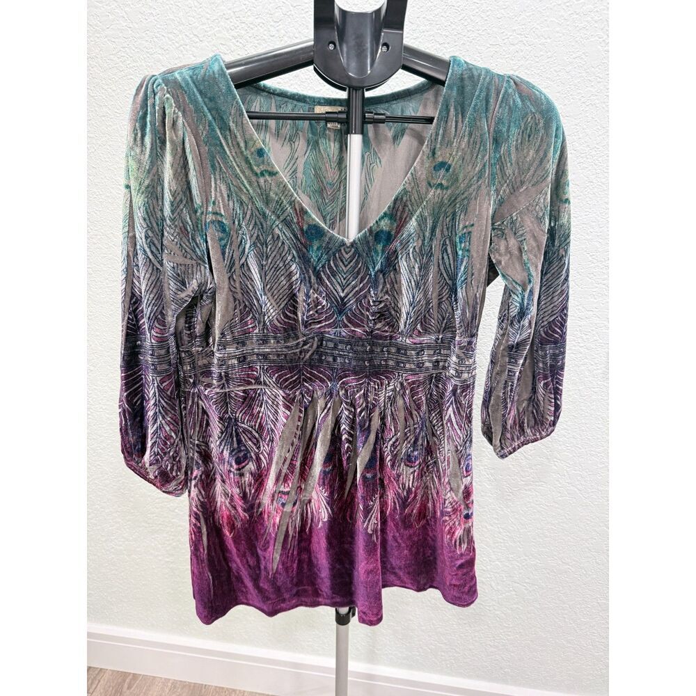 One World Colorful Burnout Velvet Babydoll 3/4 Sleeve Womens Top Size M